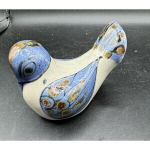 Mexican Pottery Folk Art Bird Figurine Blue Brown Signed Mexico 2.5" tall -C6